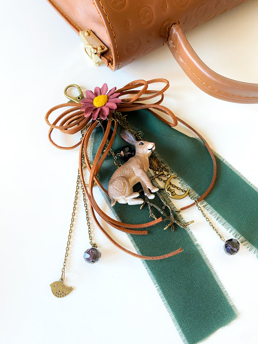 Woodland Rabbit Bag Charm | Daisy and Green Ribbon
