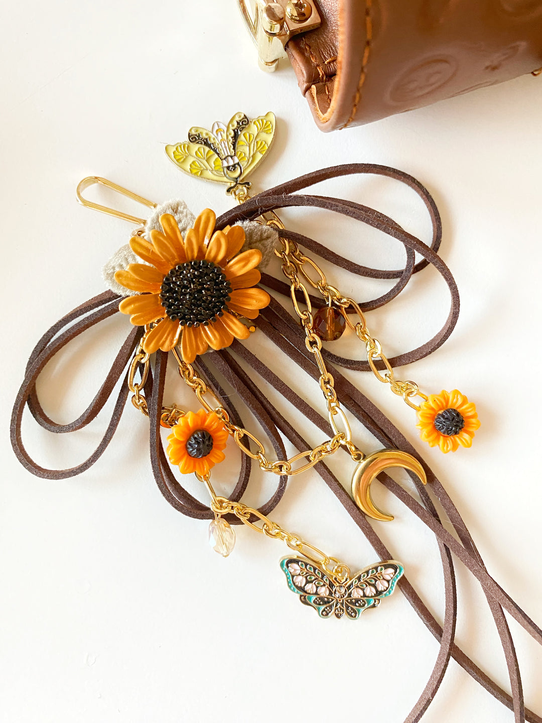 Sunflower Bag Charm | Crescent Moon and Butterflies