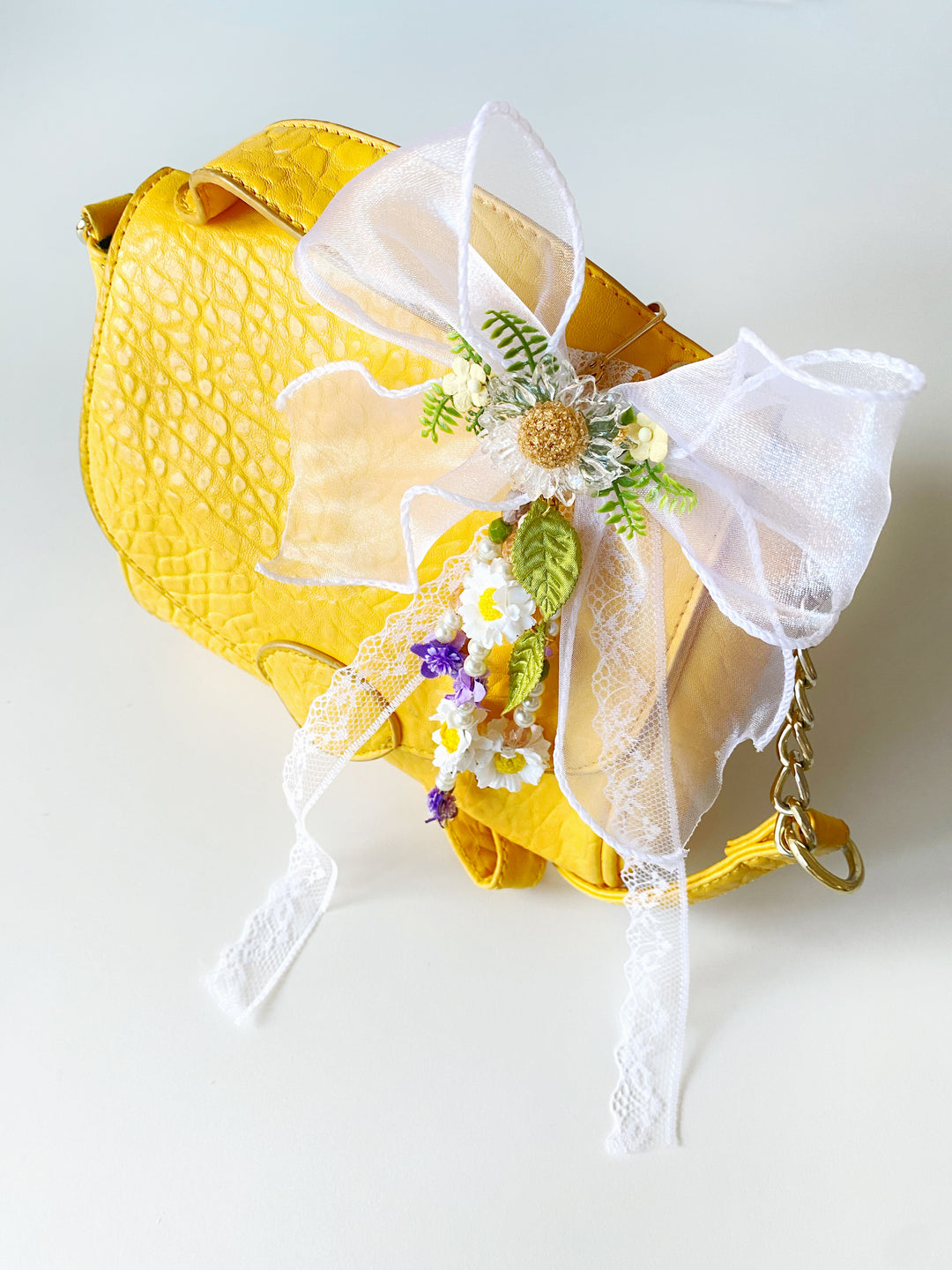 White Organza Bow Bag Charm | Daisy and Purple Flowers