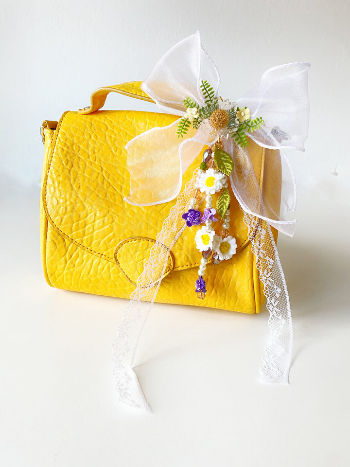 White Organza Bow Bag Charm | Daisy and Purple Flowers