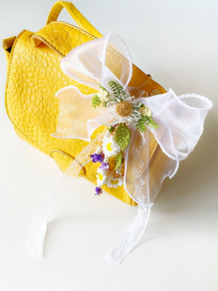 White Organza Bow Bag Charm | Daisy and Purple Flowers