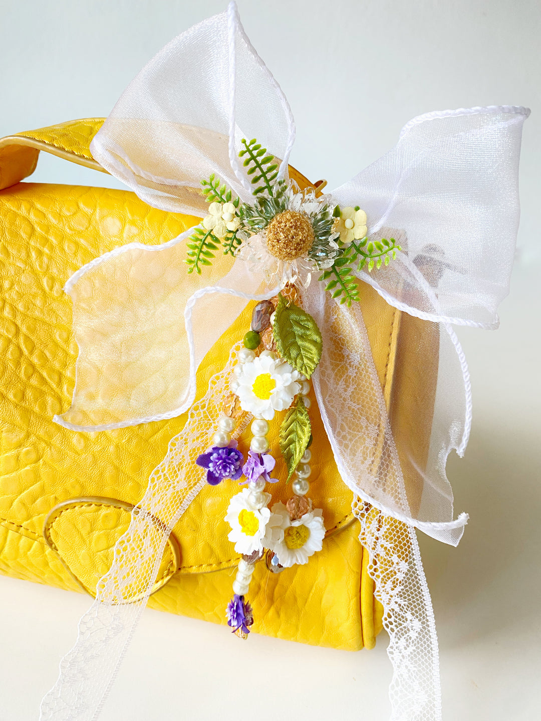 White Organza Bow Bag Charm | Daisy and Purple Flowers