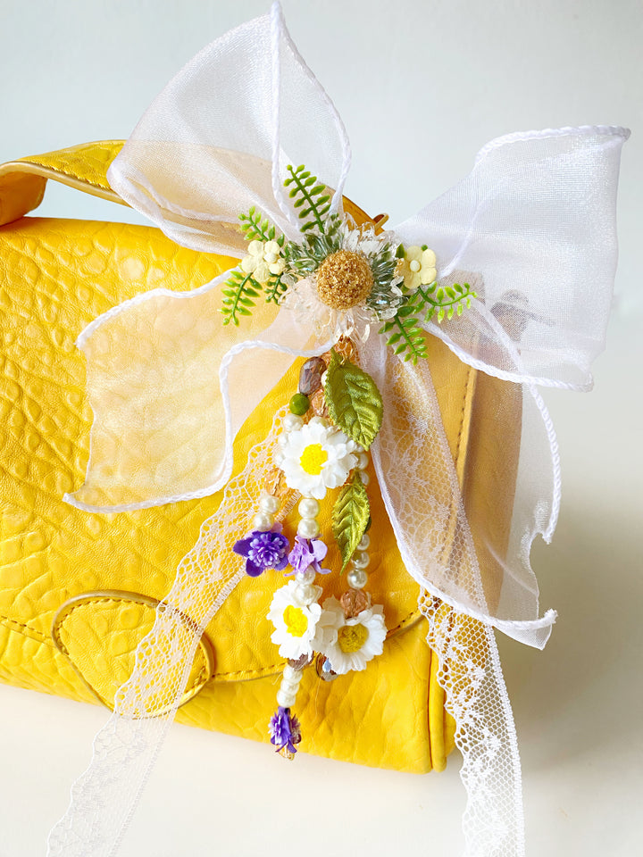 White Organza Bow Bag Charm | Daisy and Purple Flowers