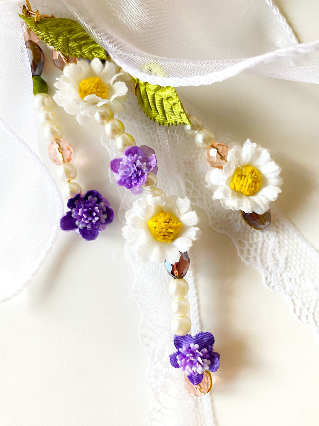 White Organza Bow Bag Charm | Daisy and Purple Flowers