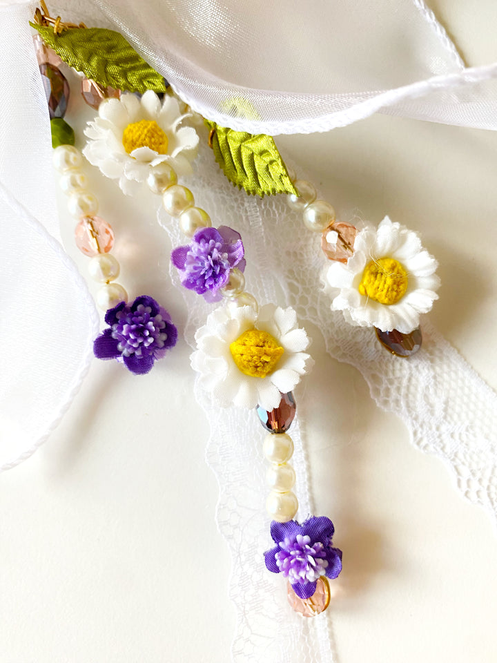 White Organza Bow Bag Charm | Daisy and Purple Flowers