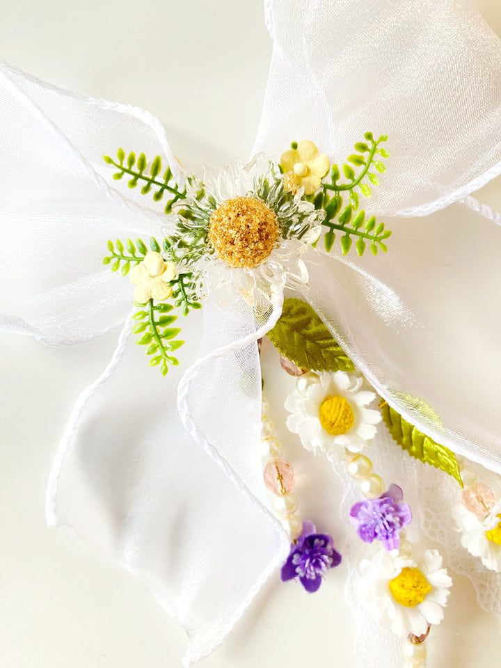 White Organza Bow Bag Charm | Daisy and Purple Flowers