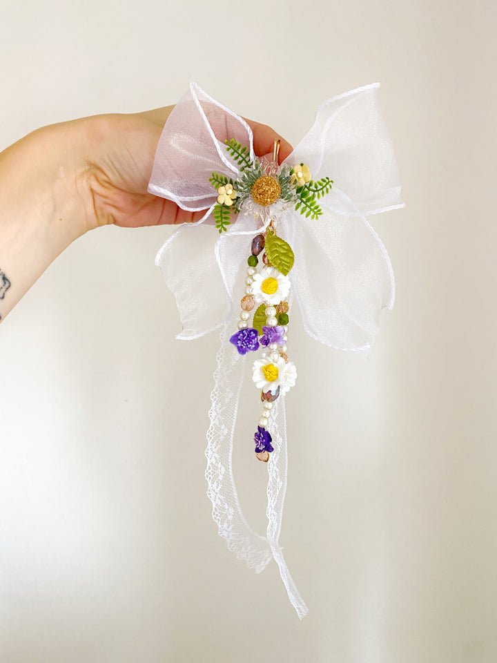 White Organza Bow Bag Charm | Daisy and Purple Flowers