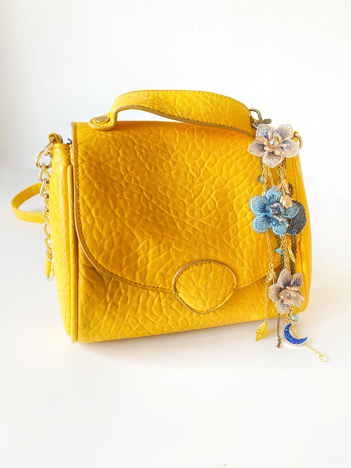 Luxury Floral Bag Charm | Blue Flowers and Crescent Moons