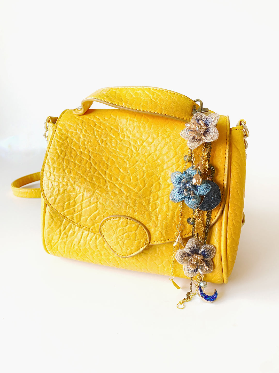 Luxury Floral Bag Charm | Blue Flowers and Crescent Moons