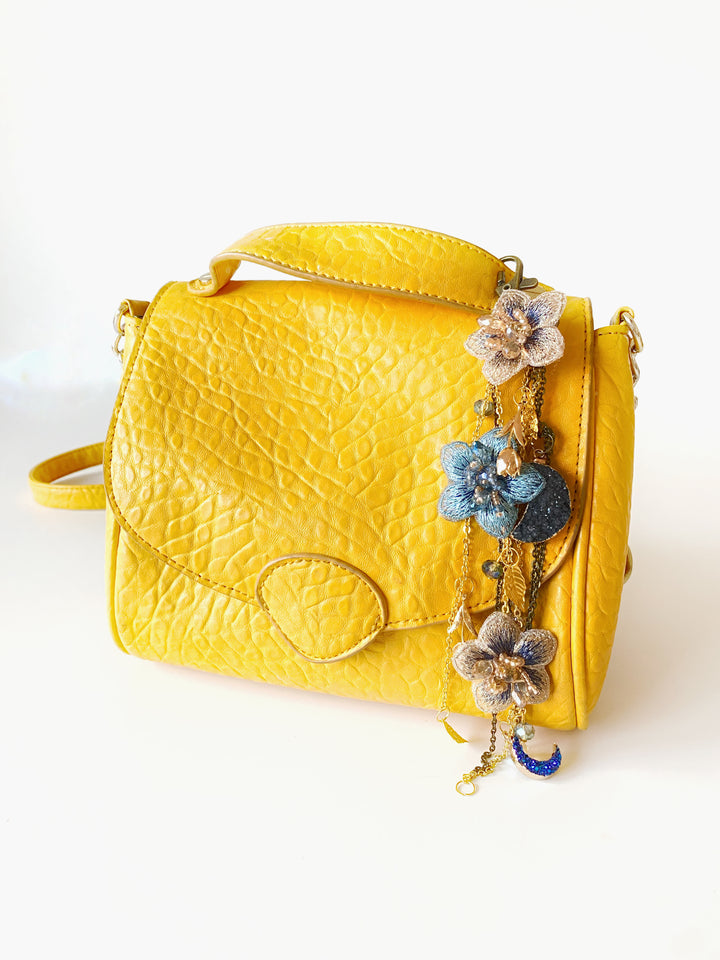 Luxury Floral Bag Charm | Blue Flowers and Crescent Moons