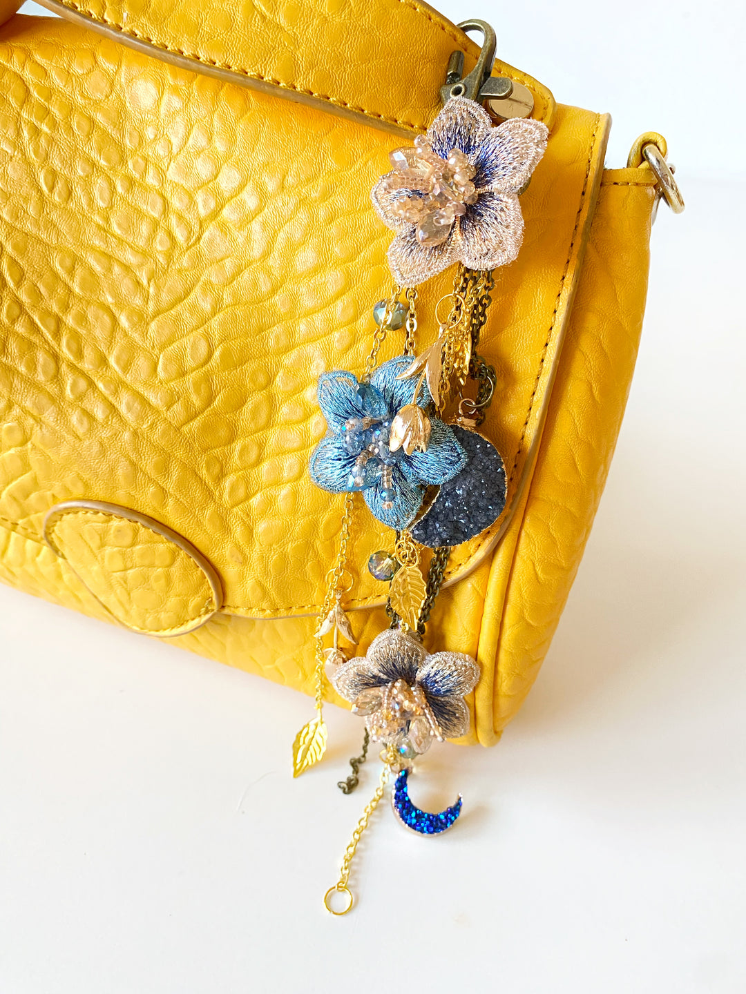 Luxury Floral Bag Charm | Blue Flowers and Crescent Moons