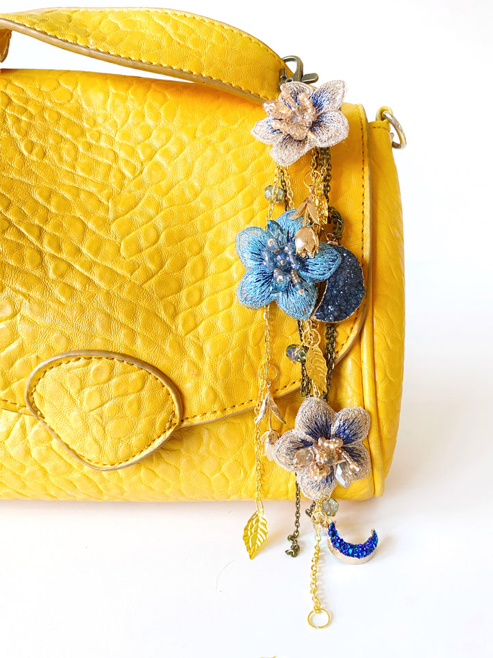 Luxury Floral Bag Charm | Blue Flowers and Crescent Moons