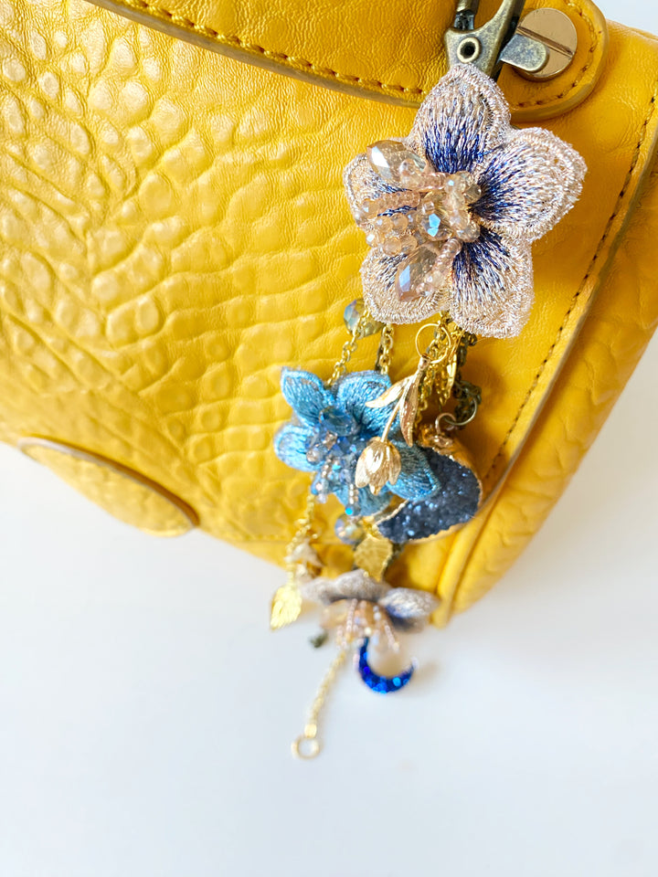 Luxury Floral Bag Charm | Blue Flowers and Crescent Moons