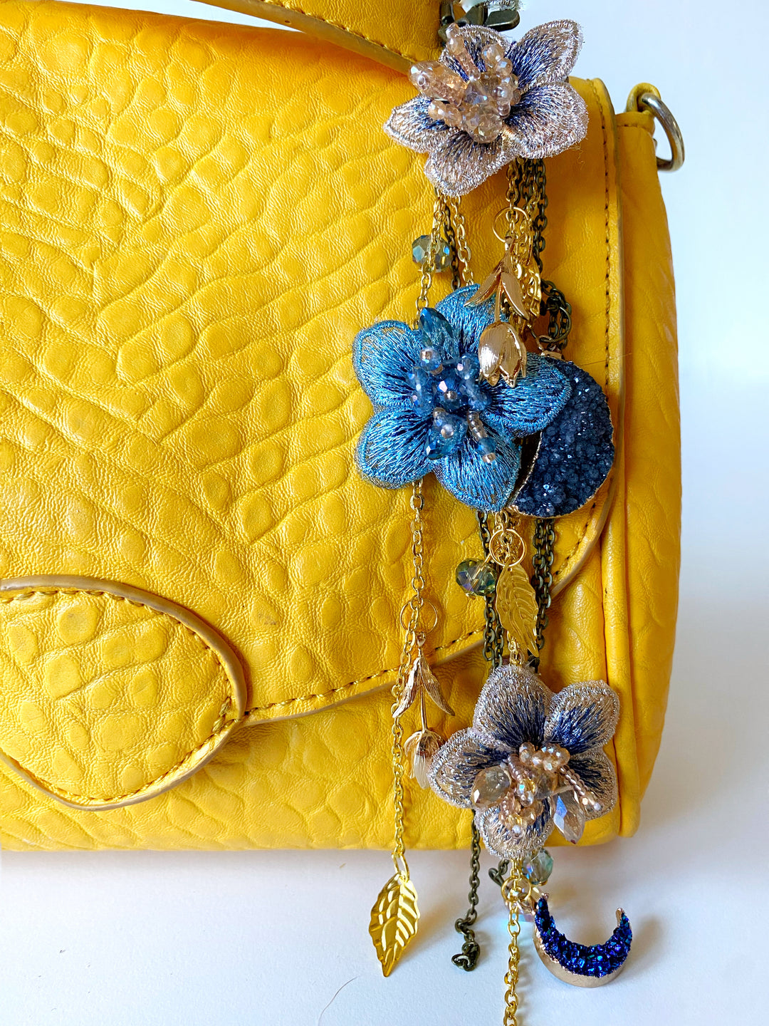 Luxury Floral Bag Charm | Blue Flowers and Crescent Moons