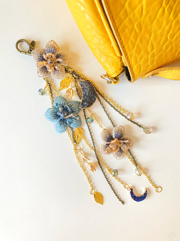 Luxury Floral Bag Charm | Blue Flowers and Crescent Moons