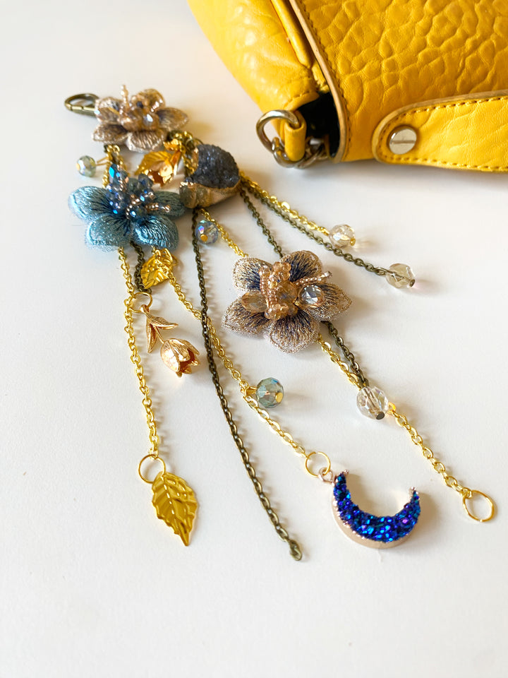 Luxury Floral Bag Charm | Blue Flowers and Crescent Moons