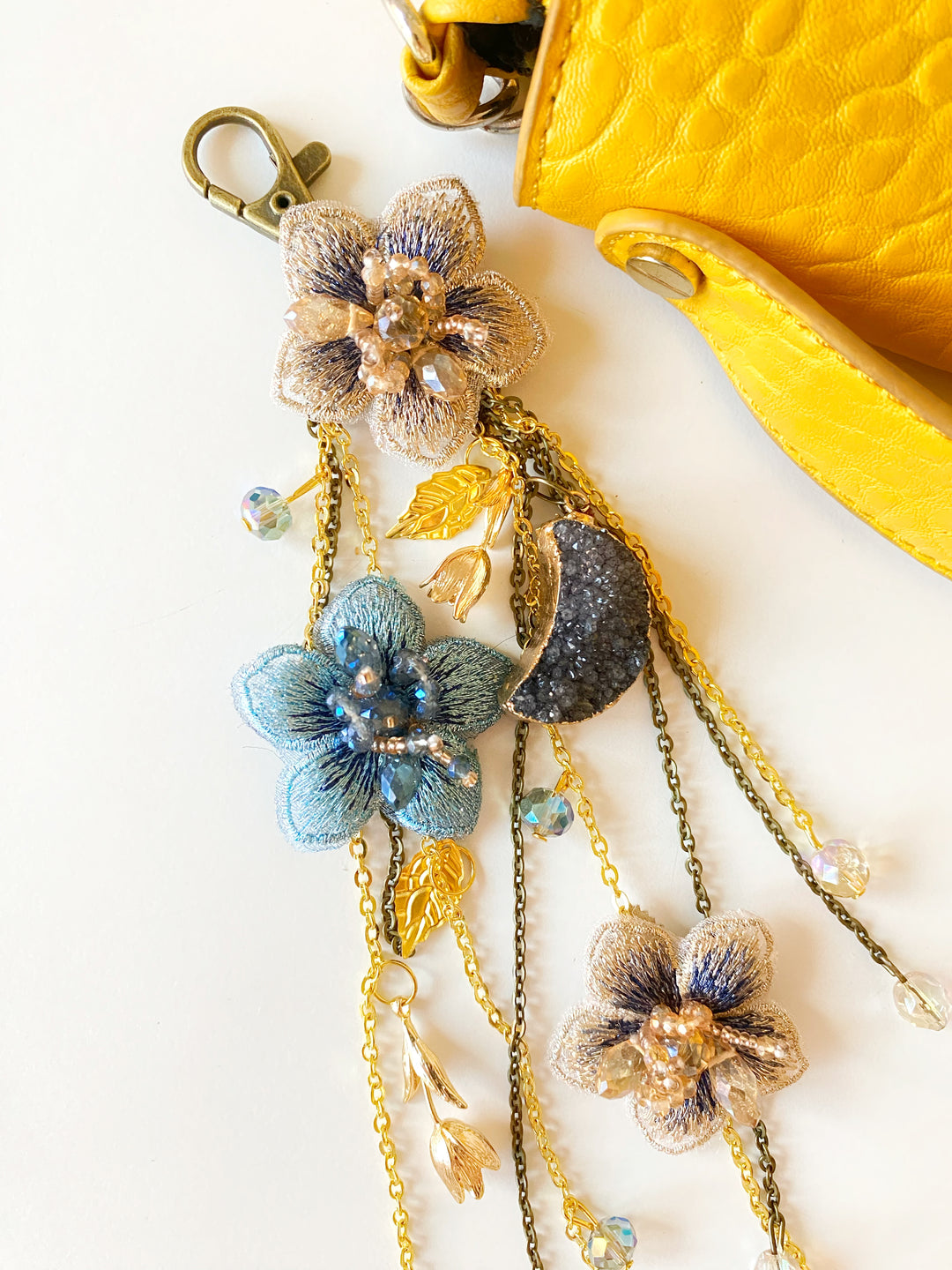 Luxury Floral Bag Charm | Blue Flowers and Crescent Moons