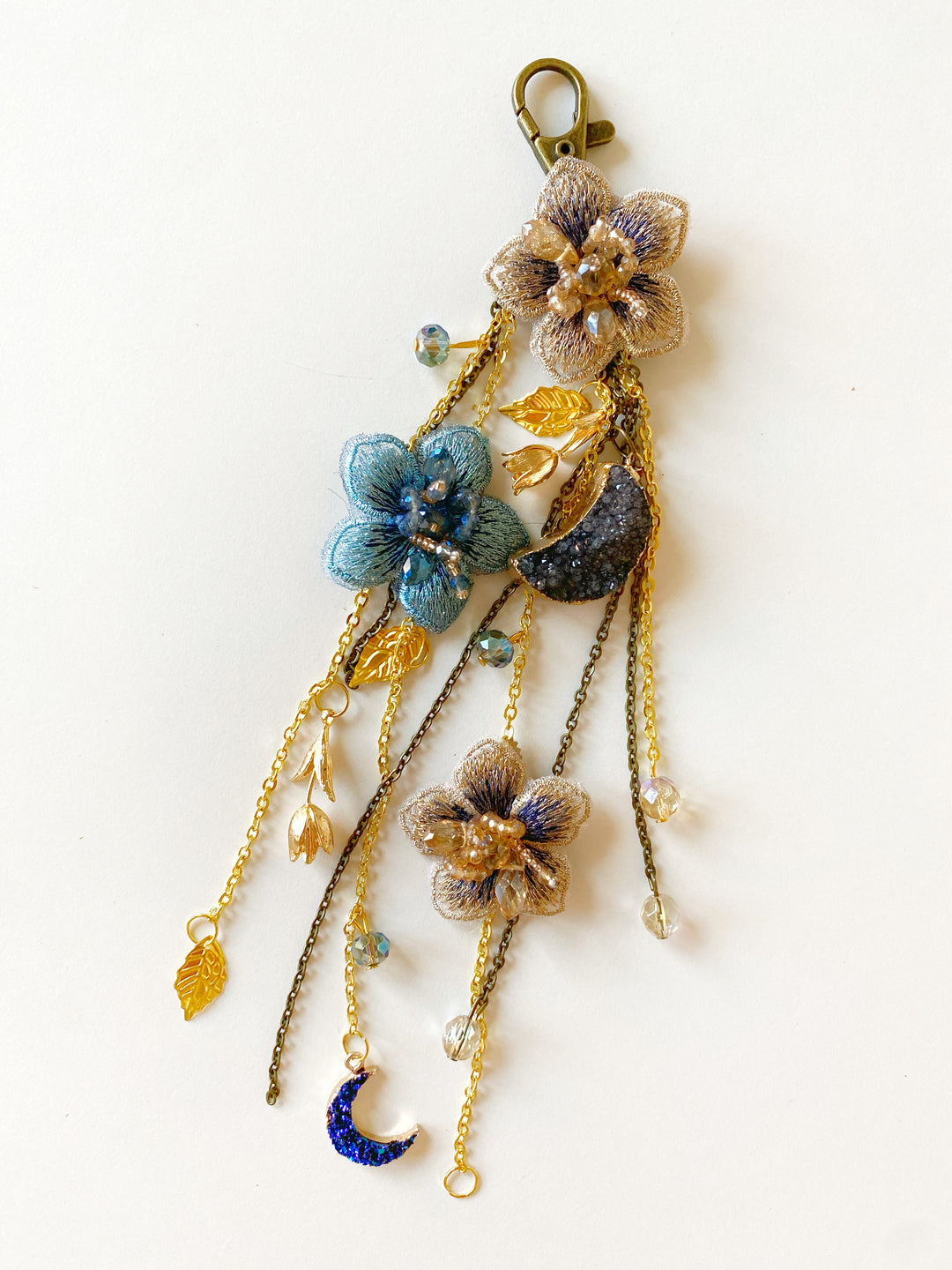 Luxury Floral Bag Charm | Blue Flowers and Crescent Moons
