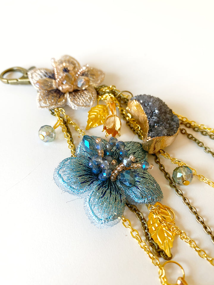 Luxury Floral Bag Charm | Blue Flowers and Crescent Moons