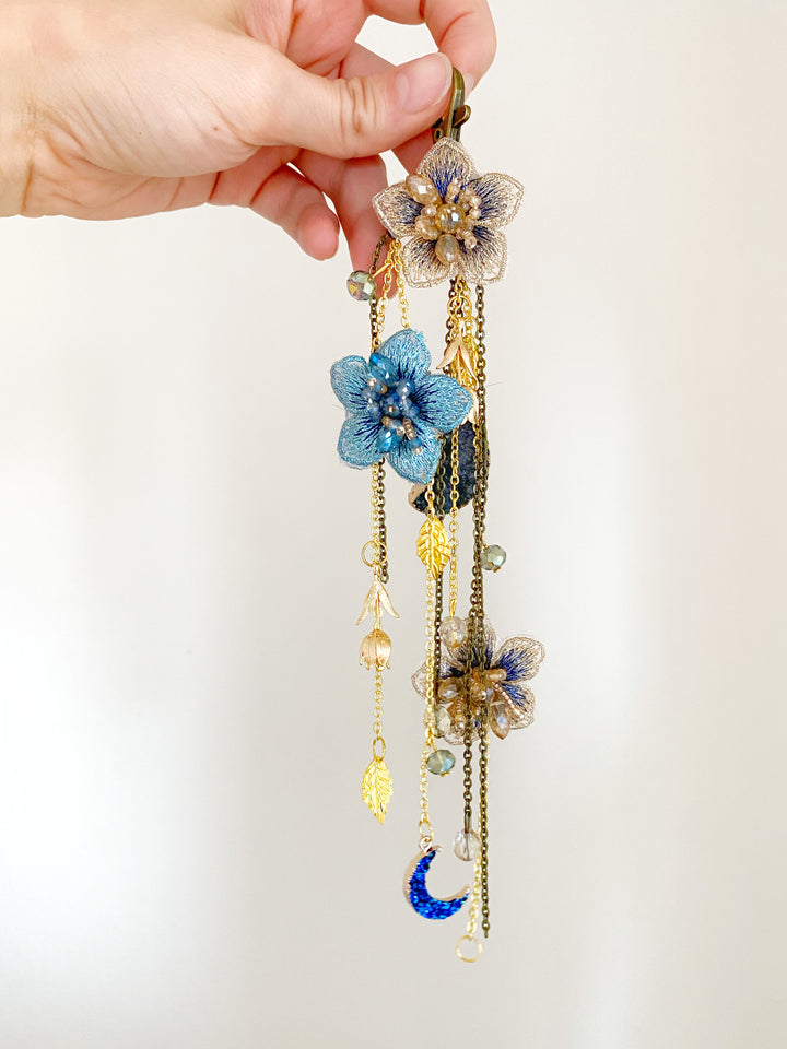 Luxury Floral Bag Charm | Blue Flowers and Crescent Moons