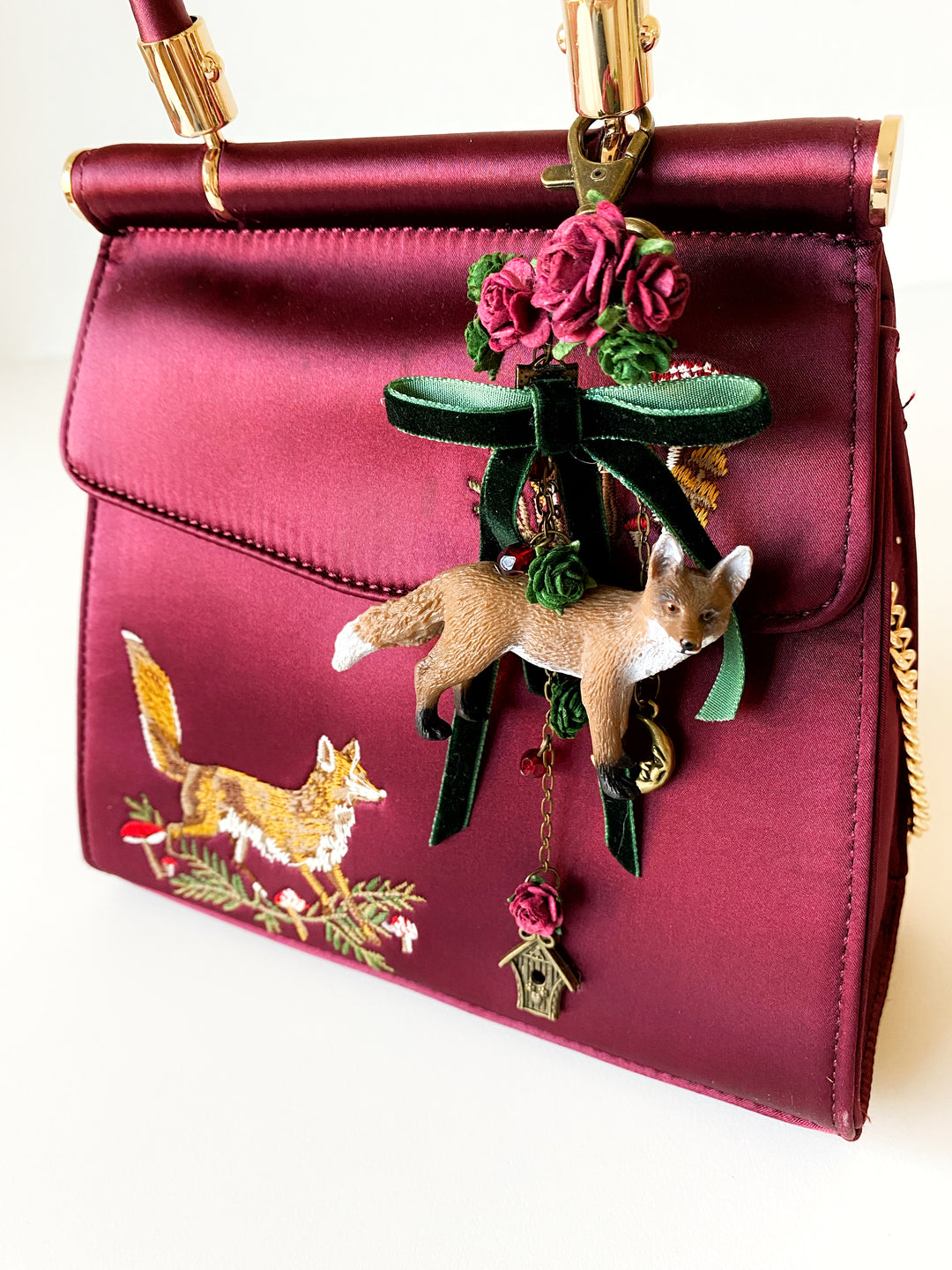 Woodland Fox Bag Charm | Burgundy Roses and Green Velvet Bow