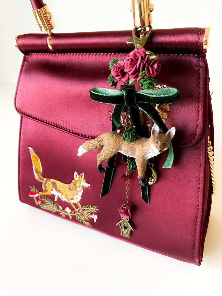 Woodland Fox Bag Charm | Burgundy Roses and Green Velvet Bow