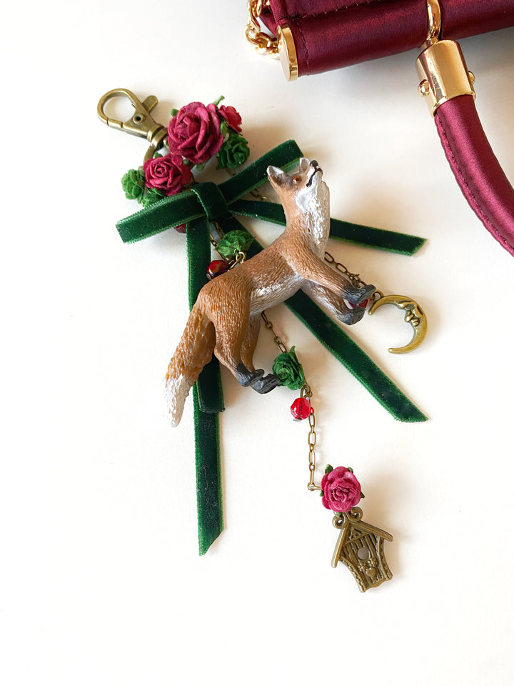 Woodland Fox Bag Charm | Burgundy Roses and Green Velvet Bow