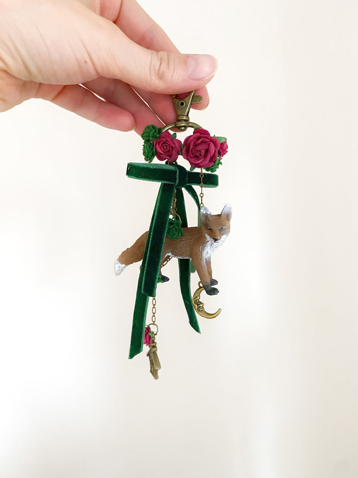 Woodland Fox Bag Charm | Burgundy Roses and Green Velvet Bow