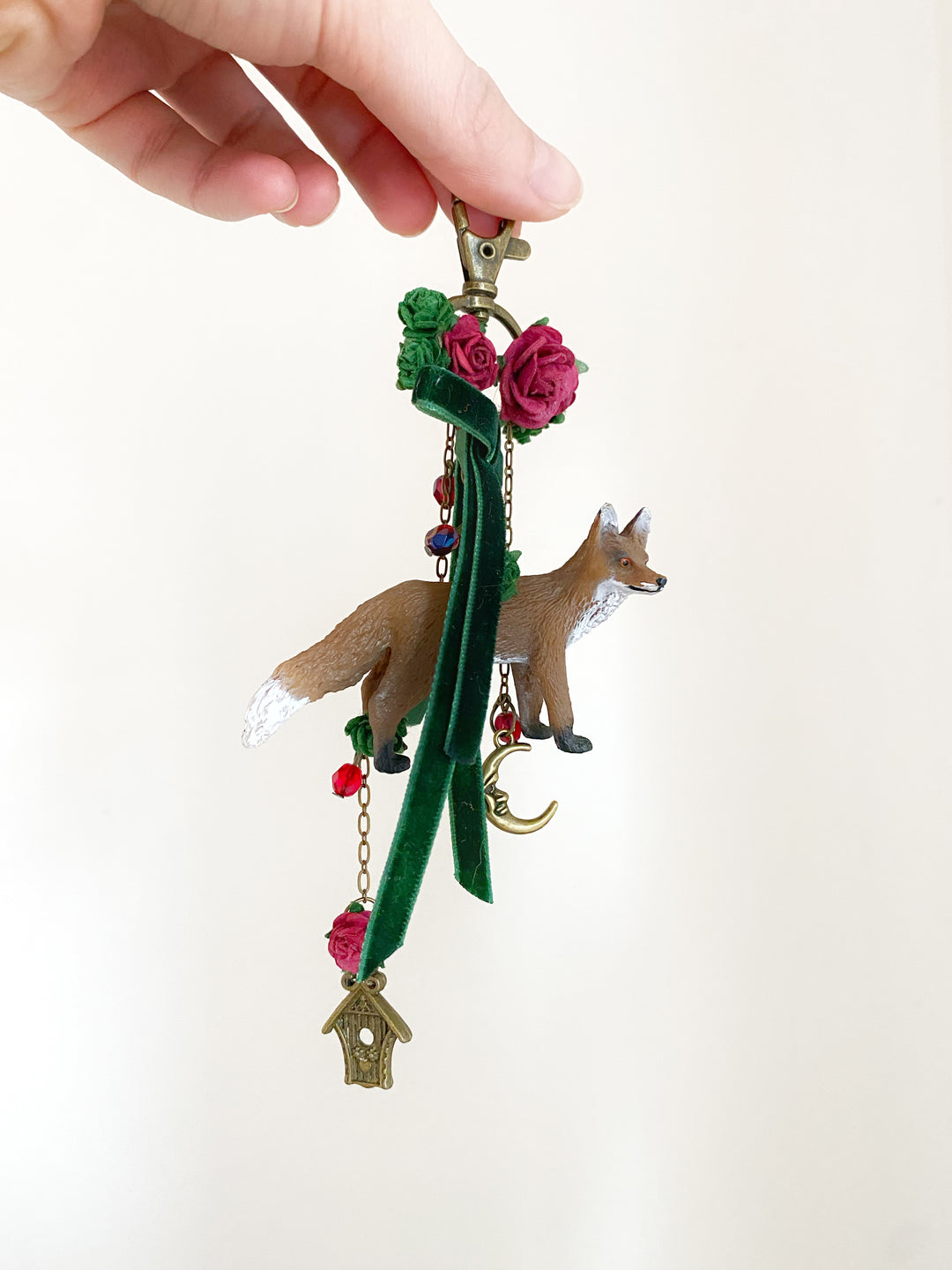 Woodland Fox Bag Charm | Burgundy Roses and Green Velvet Bow