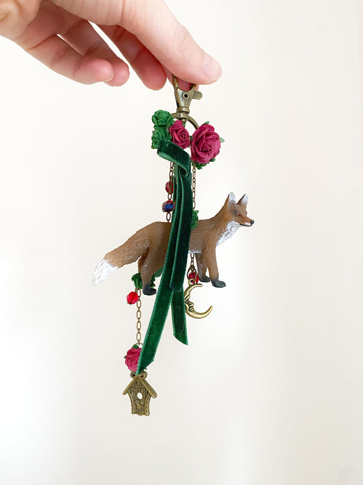 Woodland Fox Bag Charm | Burgundy Roses and Green Velvet Bow