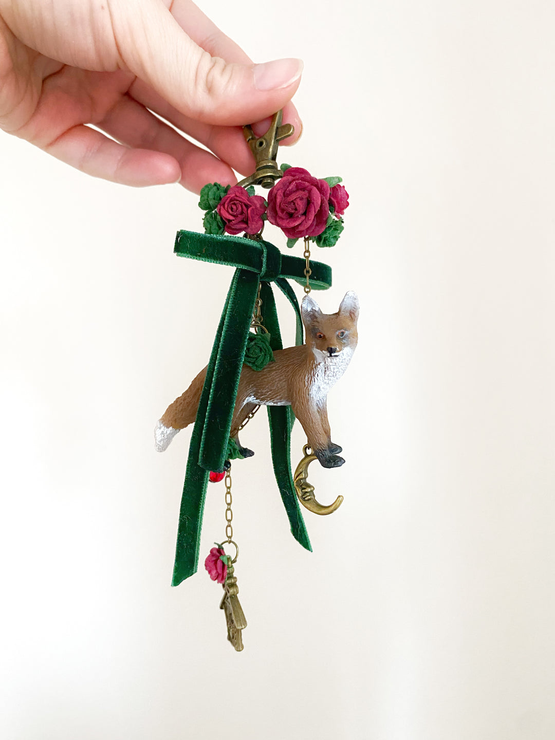 Woodland Fox Bag Charm | Burgundy Roses and Green Velvet Bow