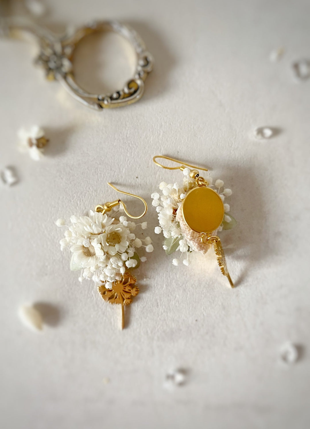 Delicate White Floral Earrings – Gypsophila and Ixodia Bridal Jewelry – handmade floral hair accessory by magaela