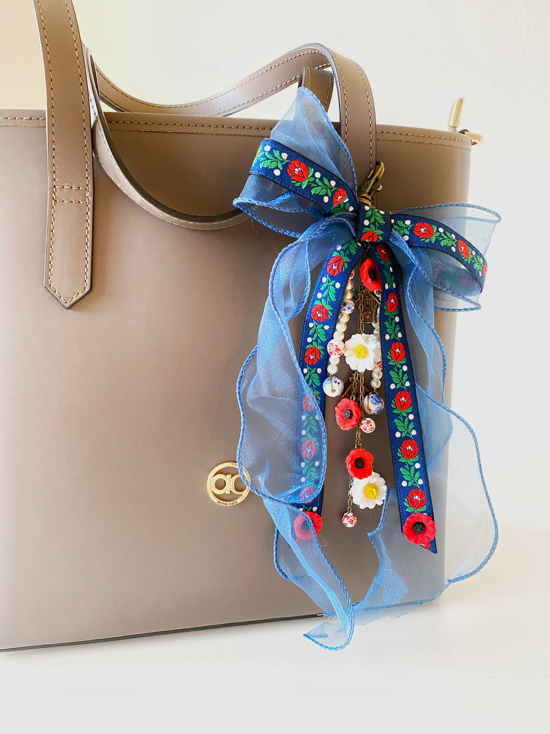 Blue Folk Bow Bag Charm | Daisies and Poppies