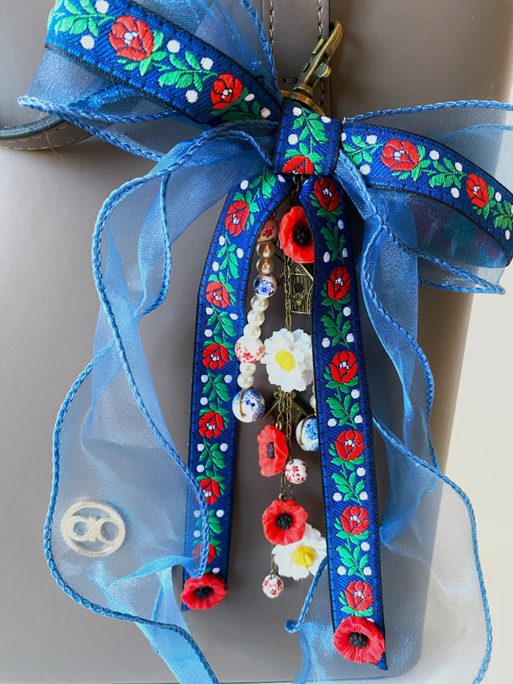 Blue Folk Bow Bag Charm | Daisies and Poppies