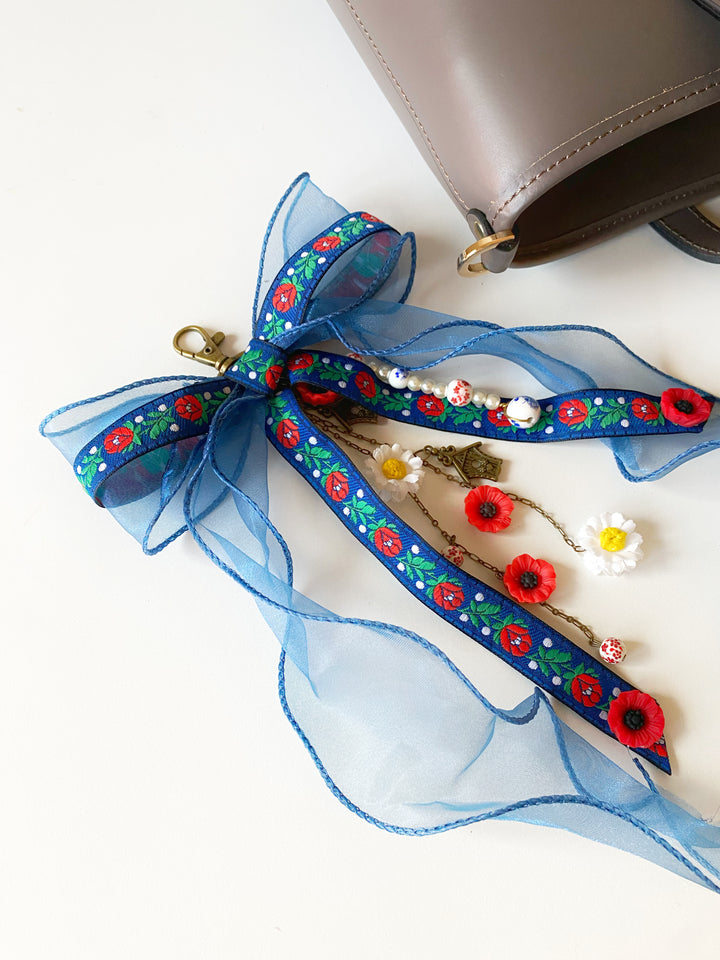 Blue Folk Bow Bag Charm | Daisies and Poppies