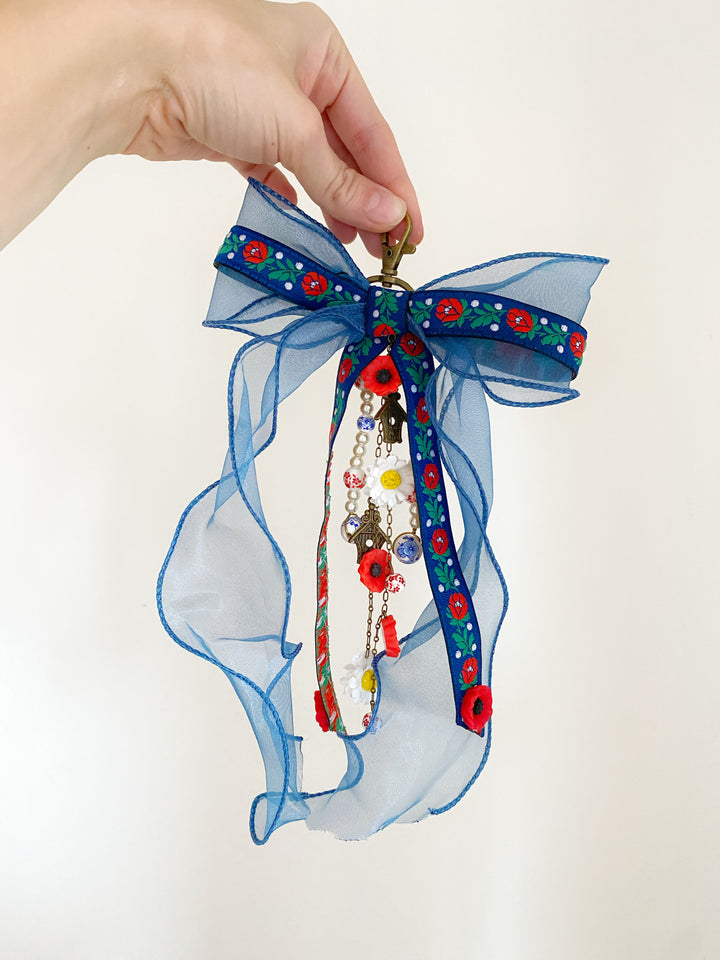 Blue Folk Bow Bag Charm | Daisies and Poppies