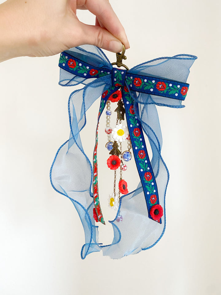 Blue Folk Bow Bag Charm | Daisies and Poppies