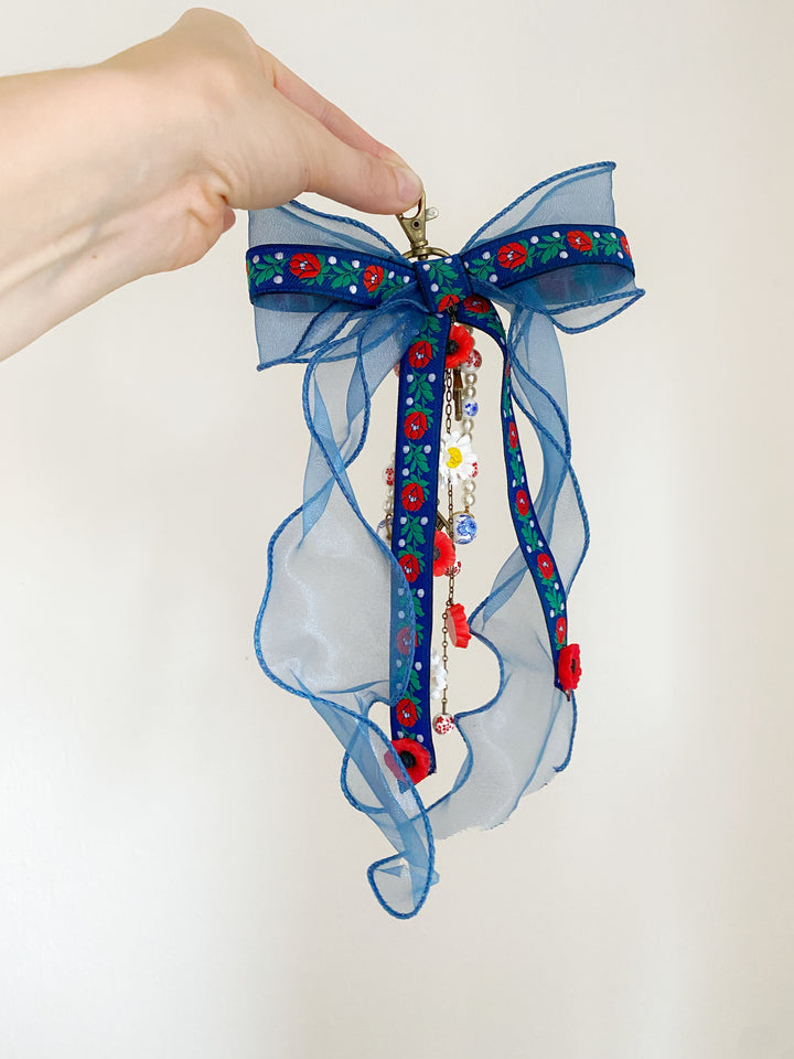 Blue Folk Bow Bag Charm | Daisies and Poppies