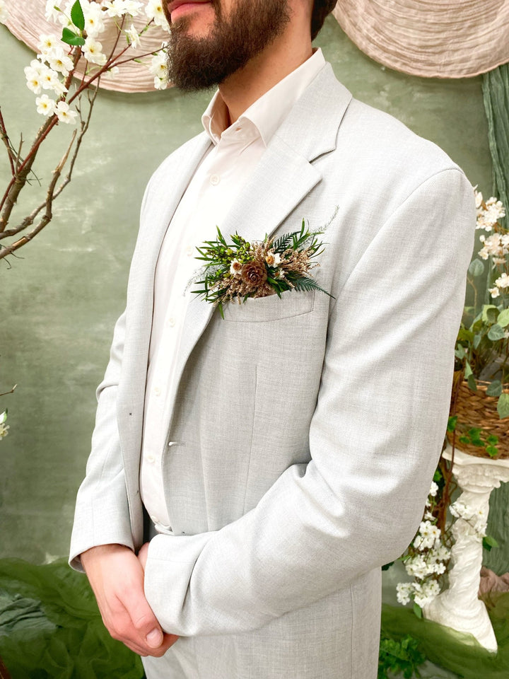 Woodland Groom Pocket Boutonniere: Natural Pine Cone Square Corsage – handmade floral hair accessory by magaela