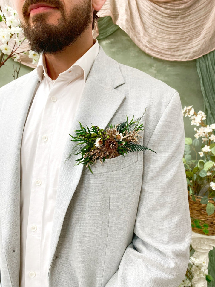 Woodland Groom Pocket Boutonniere: Natural Pine Cone Square Corsage – handmade floral hair accessory by magaela