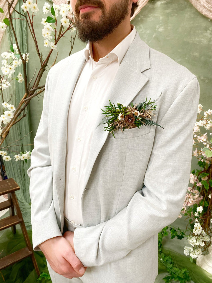 Woodland Groom Pocket Boutonniere: Natural Pine Cone Square Corsage – handmade floral hair accessory by magaela