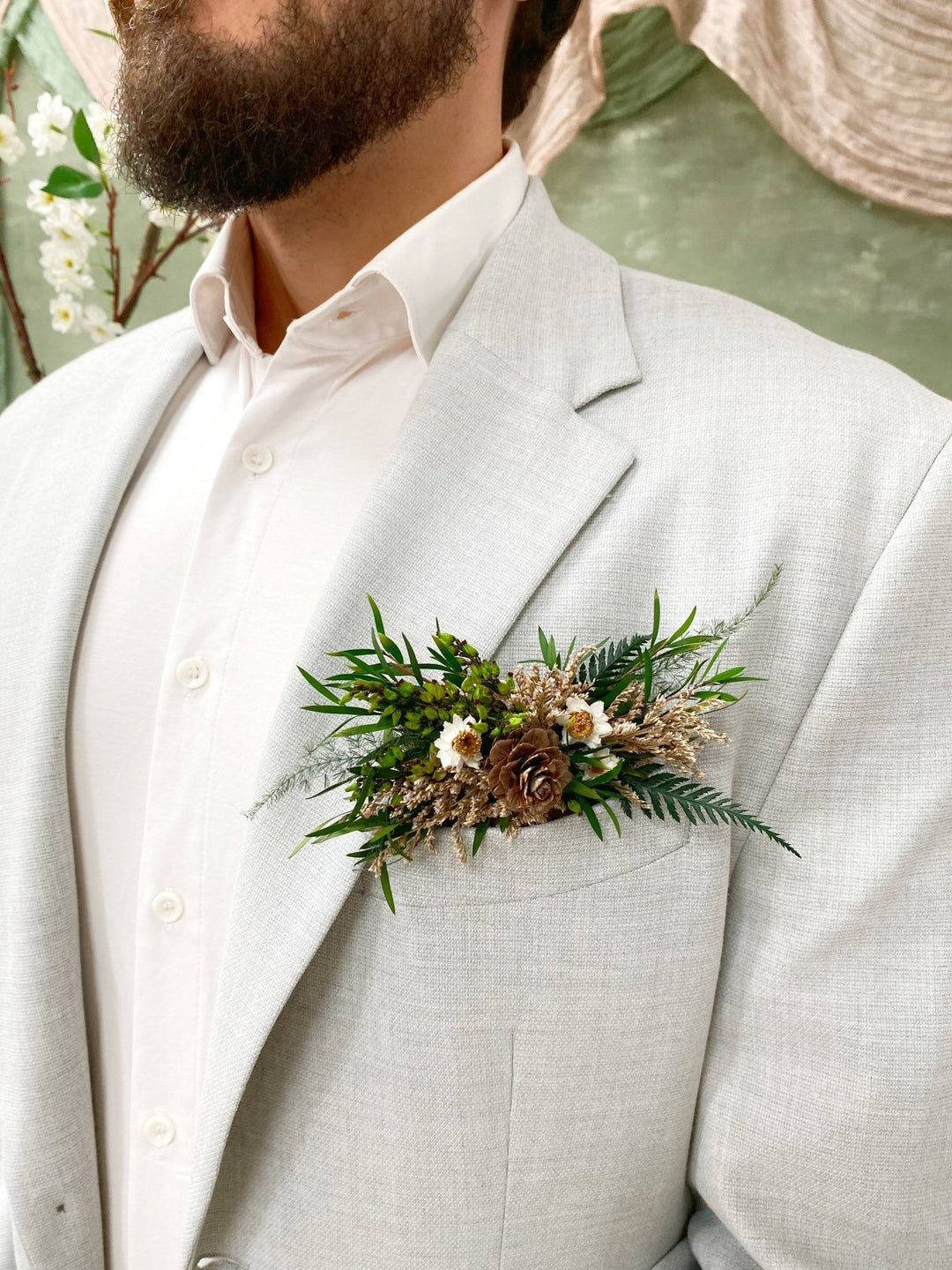 Woodland Groom Pocket Boutonniere: Natural Pine Cone Square Corsage – handmade floral hair accessory by magaela