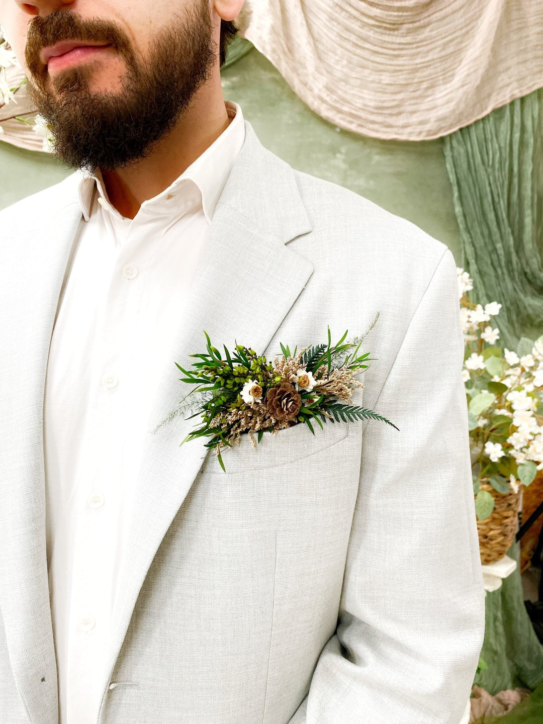 Woodland Groom Pocket Boutonniere: Natural Pine Cone Square Corsage – handmade floral hair accessory by magaela