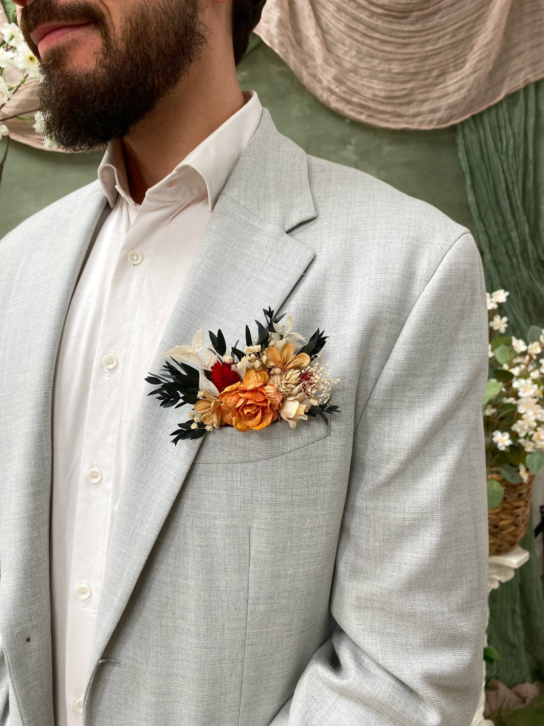 Terracotta Pocket Boutonniere: Rustic Autumn Wedding Accessory – handmade floral hair accessory by magaela