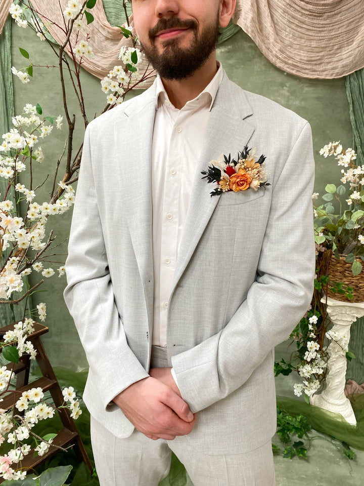 Terracotta Pocket Boutonniere: Rustic Autumn Wedding Accessory – handmade floral hair accessory by magaela