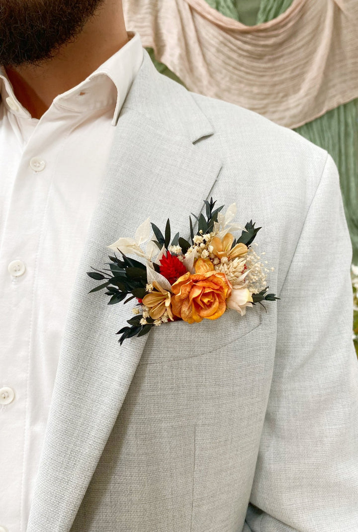 Terracotta Pocket Boutonniere: Rustic Autumn Wedding Accessory – handmade floral hair accessory by magaela