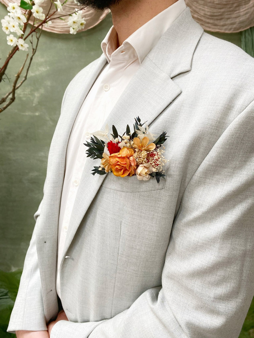 Terracotta Pocket Boutonniere: Rustic Autumn Wedding Accessory – handmade floral hair accessory by magaela