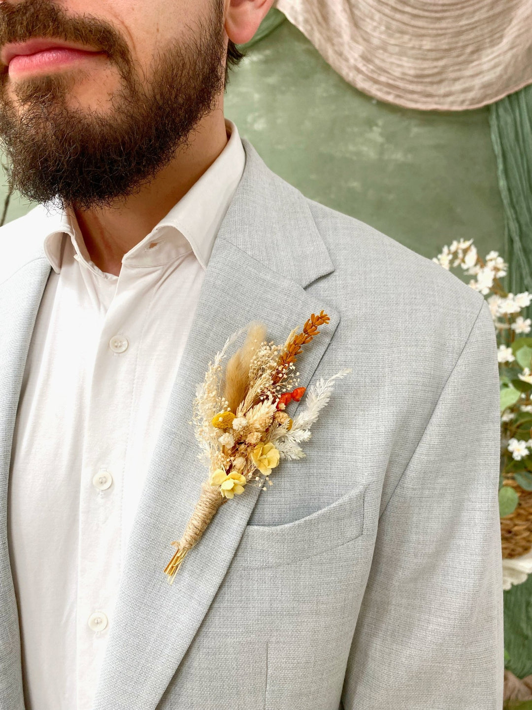 Boho Dried Flower Boutonniere: Pampas Grass Wedding Corsage – handmade floral hair accessory by magaela