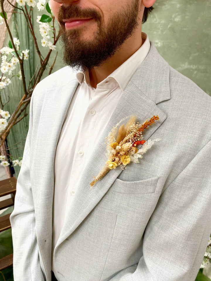 Boho Dried Flower Boutonniere: Pampas Grass Wedding Corsage – handmade floral hair accessory by magaela