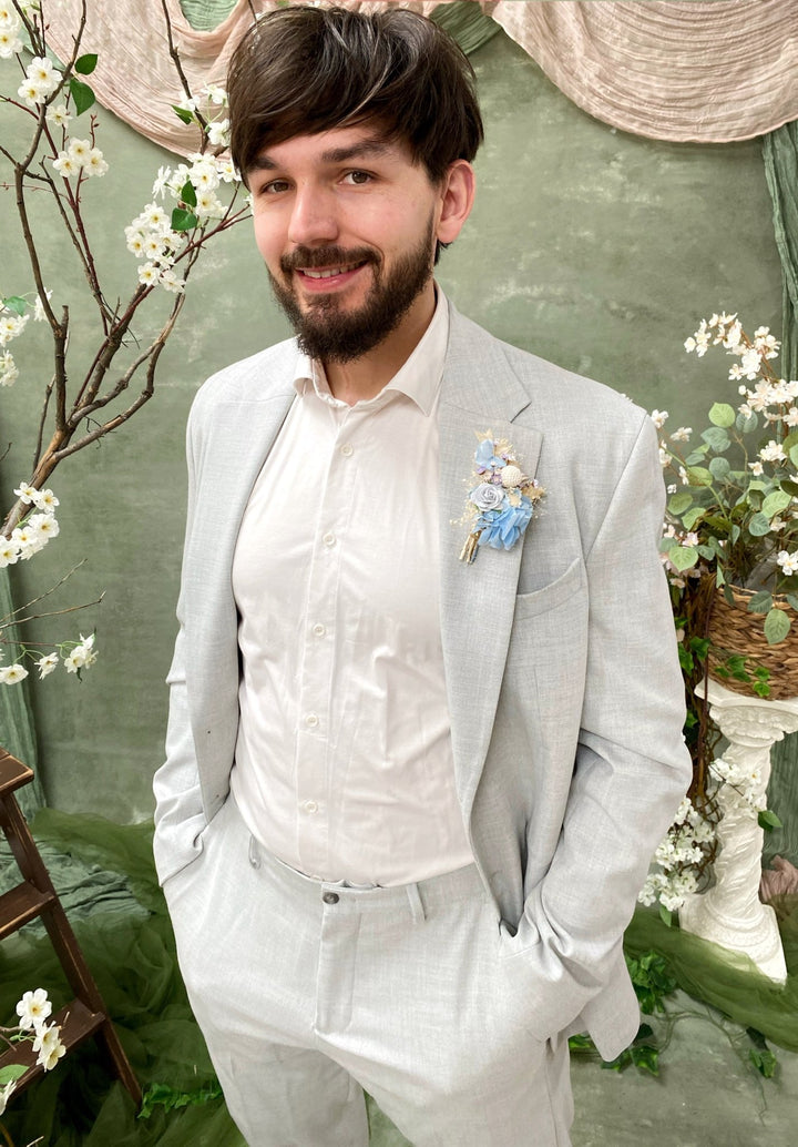 Baby Blue Hydrangea Boutonniere: Rustic Wedding Groomsmen Corsage – handmade floral hair accessory by magaela